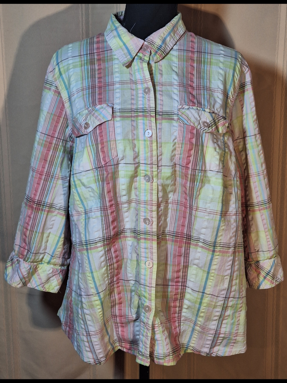 CJ BANKS Pastel Plaid Button-Down Shirt in Pink & Yellow